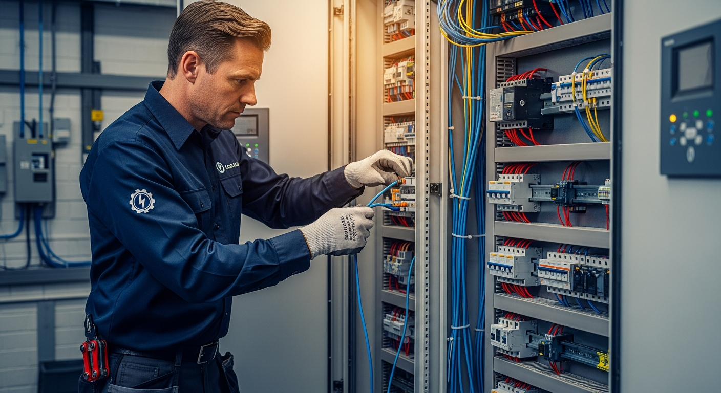 Professional electrician working on commercial installation in London